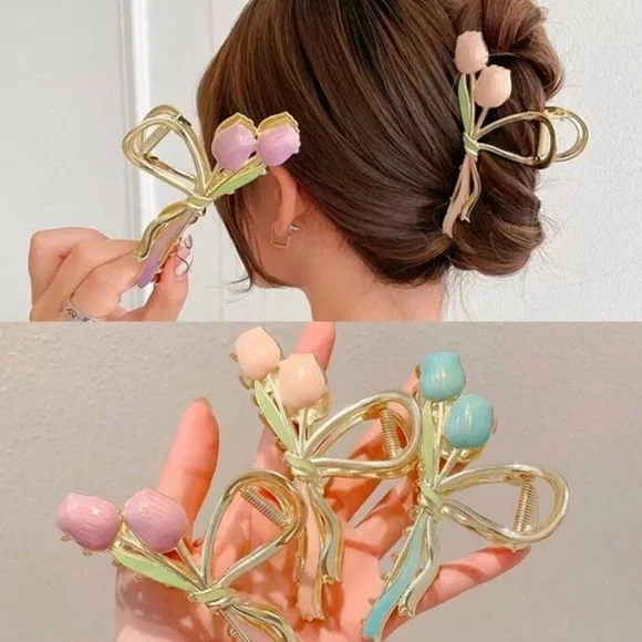 $20 (2 for $30) Metal Hair Claw Clip With Painted Blue Tulip Flowers Crab Clip - Picture 7 of 9